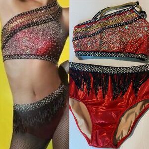 Glamor dance costume solo 2 piece red embellished rhinestoned fringe LA adult
